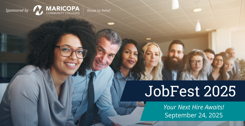 Promotional banner for JobFest 2025 featuring a group of professionals sitting in a line and smiling. Text reads, 'Your next hire awaits!' with the event date, September 24, 2025.