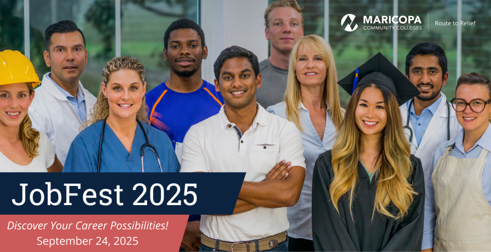 Promotional banner for JobFest 2025 featuring a group of professionals from a variety of career industries as well as a student in a graduation cap and gown. Text reads 'Discover Your Career Possibilities!' with the event date, September 24, 2025.