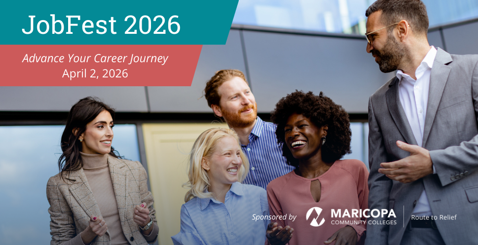 Promotional banner for JobFest 2026 featuring a group of professionals talking and laughing together at work. Text reads 'Advance Your Career Journey' with the event date, Thursday, April 2, 2026.