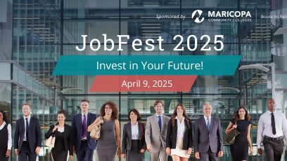 Promotional banner for JobFest 2025 featuring a group of professionals walking in front of a modern glass building. Text reads 'Invest in Your Future!' with the event date, April 9, 2025.