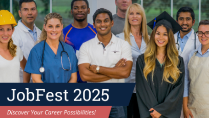 Promotional banner for JobFest 2025 featuring a group of professionals from a variety of career industries as well as a student in a graduation cap and gown. Text reads 'Discover Your Career Possibilities!' with the event date, September 24, 2025.
