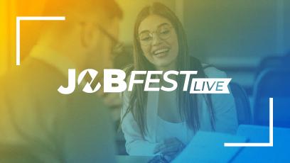 JobFest LIVE promotional banner featuring two professionals talking with the JobFest LIVE logo over a blue and gold gradient background.