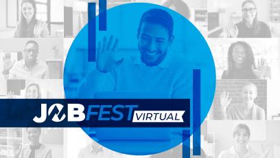 JobFest VIRTUAL event banner featuring a professional in a video meeting.