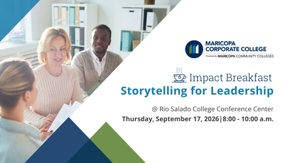 Impact Breakfast: Storytelling for Leadership promotional graphic featuring professionals collaborating in a meeting.