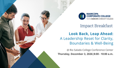 Impact Breakfast promotional graphic featuring professionals collaborating for the "Look Back, Leap Ahead" leadership event.