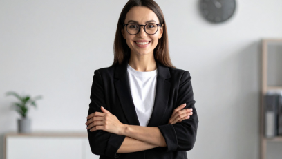 A confident professional stands facing forward and smiling with her arms crossed.