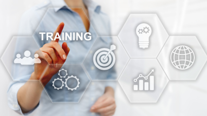 Business professional interacting with a digital interface labeled “Training,” surrounded by icons representing strategy, innovation, growth, and global impact.