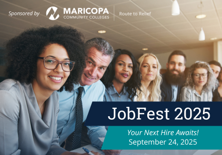 Promotional banner for JobFest 2025 featuring a group of professionals sitting in a line and smiling. Text reads, 'Your next hire awaits!' with the event date, September 24, 2025.