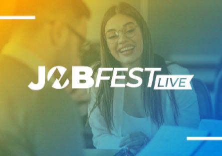 JobFest LIVE promotional banner featuring two professionals talking with the JobFest LIVE logo over a blue and gold gradient background.