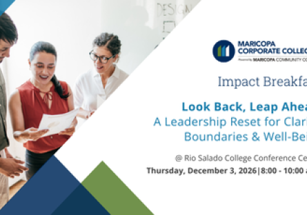 Impact Breakfast promotional graphic featuring professionals collaborating for the "Look Back, Leap Ahead" leadership event.