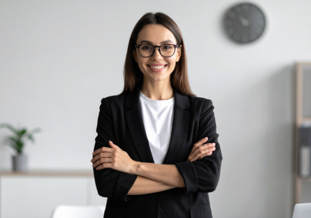A confident professional stands facing forward and smiling with her arms crossed.
