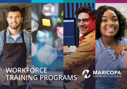 Workforce training programs with images of happy students in various professions.
