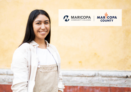 Smiling young woman with Maricopa Community Colleges and Maricopa County logos