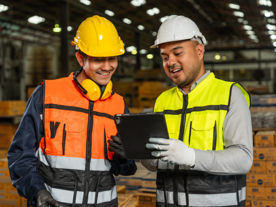 Two male engineering techs working together and smiling