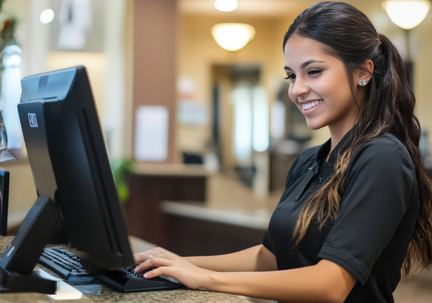 Young hispanic woman looking at computer in office setting and smiling