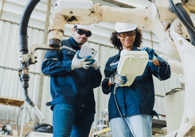 Male and female manufacturing technologists at work on machinery, both wearing hard hats and safety glasses and gloves.